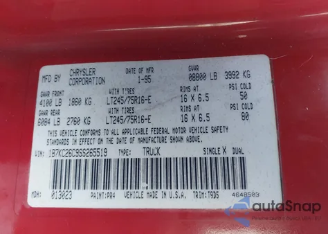 1995 Dodge Ram 2500 from USA, damaged, VIN 1B7KC26C9SS265519